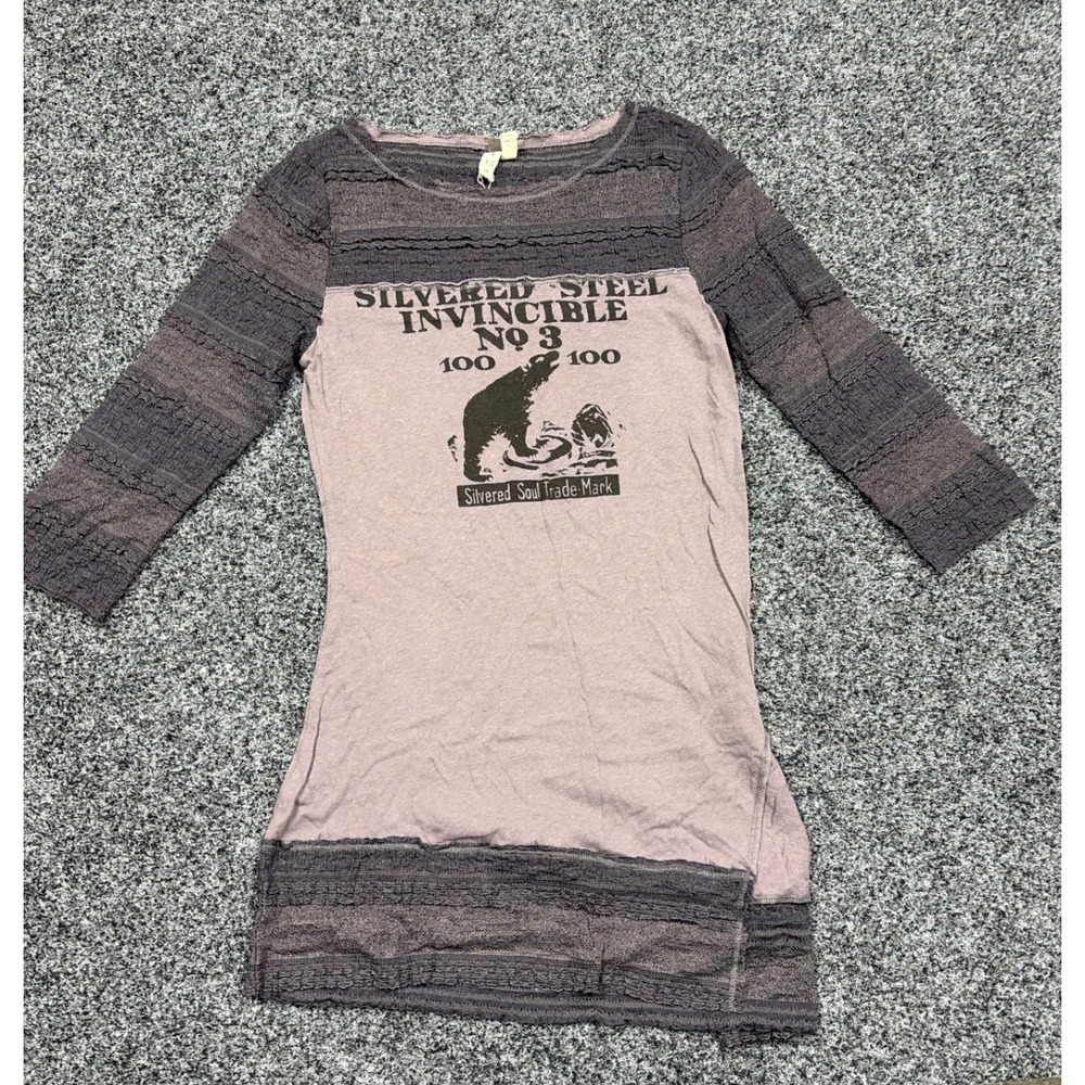 We The Free Top Women XS Purple Silvered Steel Graphic Lace Tunic Boho Grunge